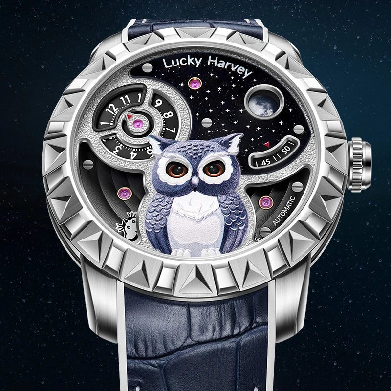 Lucky Harvey OWL Series Men's Mechanical Watch 28800 VPH 40H Power Reserve 3D Relief Unique Wristwatch - Bear Hugs
