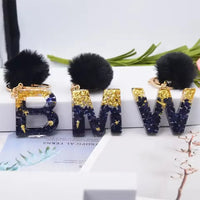 Glittery Fur Charm Letter Keychain