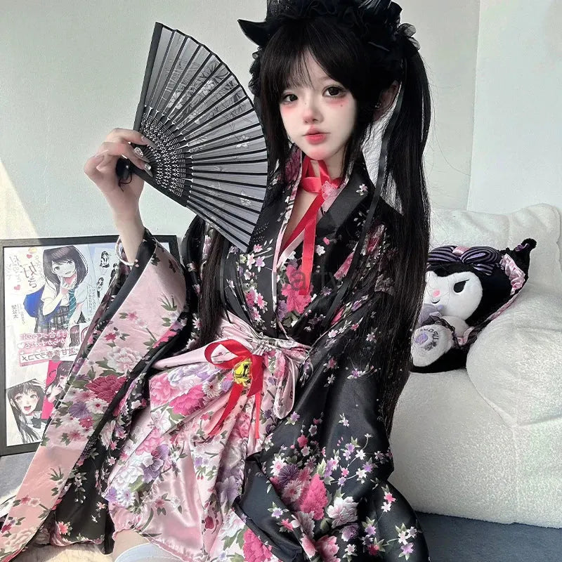 Traditional Japanese Pink & Black Kimono Dress - Bear Hugs