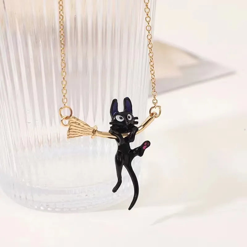 Broom Black Cat Necklace