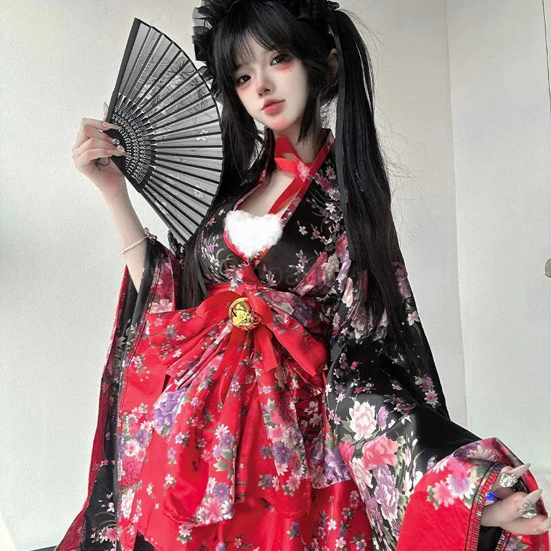 Traditional Japanese Pink & Black Kimono Dress - Bear Hugs