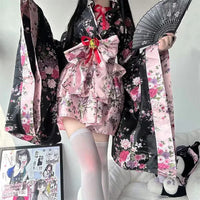 Traditional Japanese Pink & Black Kimono Dress - Bear Hugs