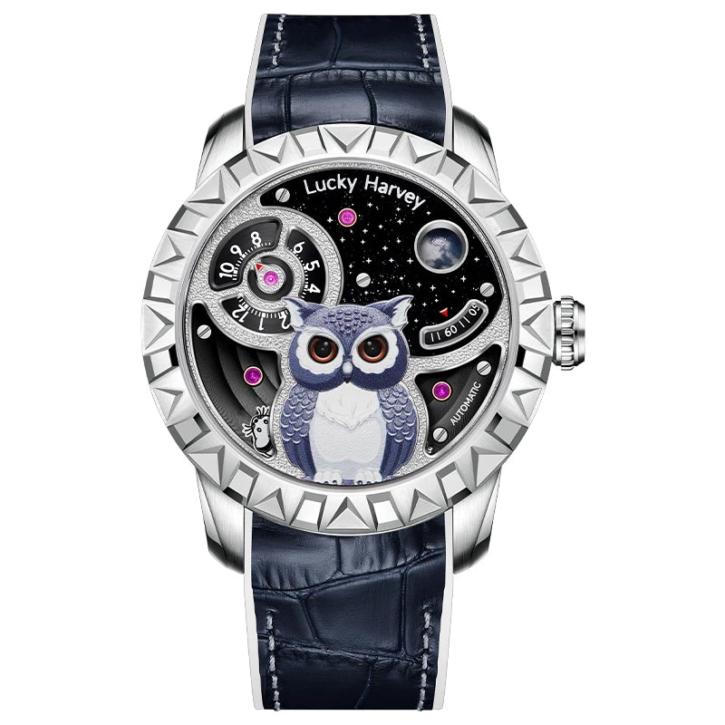 Lucky Harvey OWL Series Men's Mechanical Watch 28800 VPH 40H Power Reserve 3D Relief Unique Wristwatch - Bear Hugs