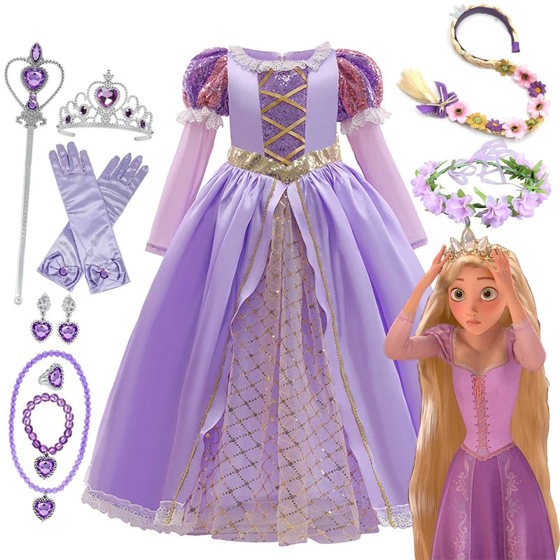 Girls Disney Rapunzel Dress Kids Tangled Disguise Carnival Girl Princess Costume Birthday Party Gown Outfit Clothes 2-10 Years - Bear Hugs