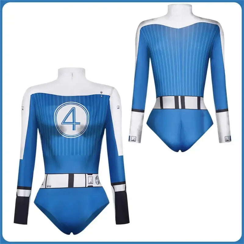 Women Fantastic Fourth Susan Storm Cosplay Bodysuit Halloween Blue White Color Invisible Zipper Long Sleeve Role Play Swimsuit - Bear Hugs
