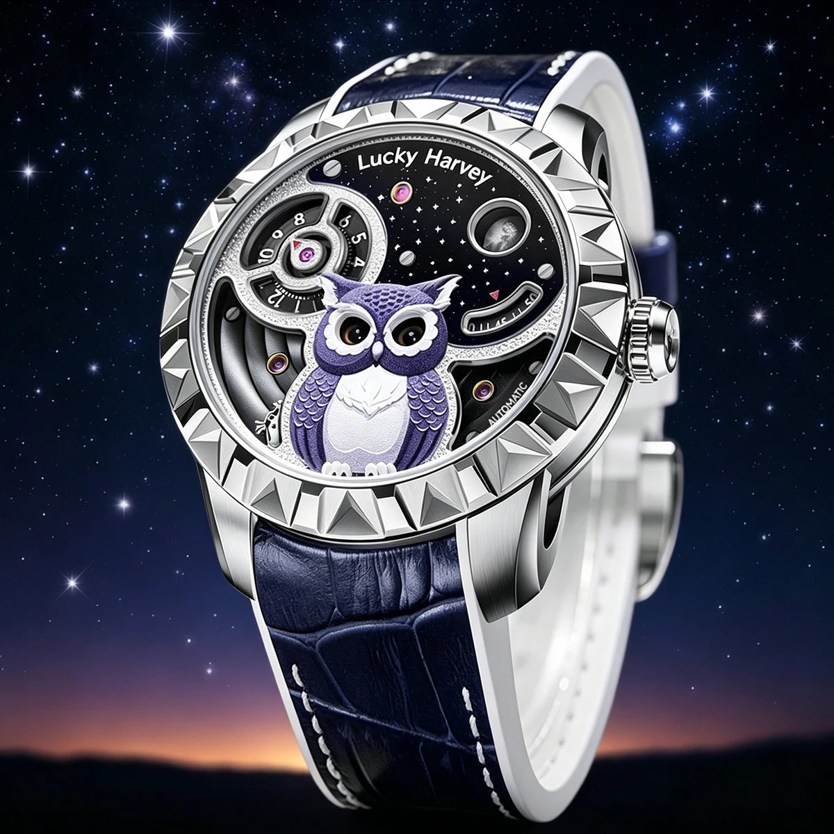 Lucky Harvey OWL Series Men's Mechanical Watch 28800 VPH 40H Power Reserve 3D Relief Unique Wristwatch - Bear Hugs