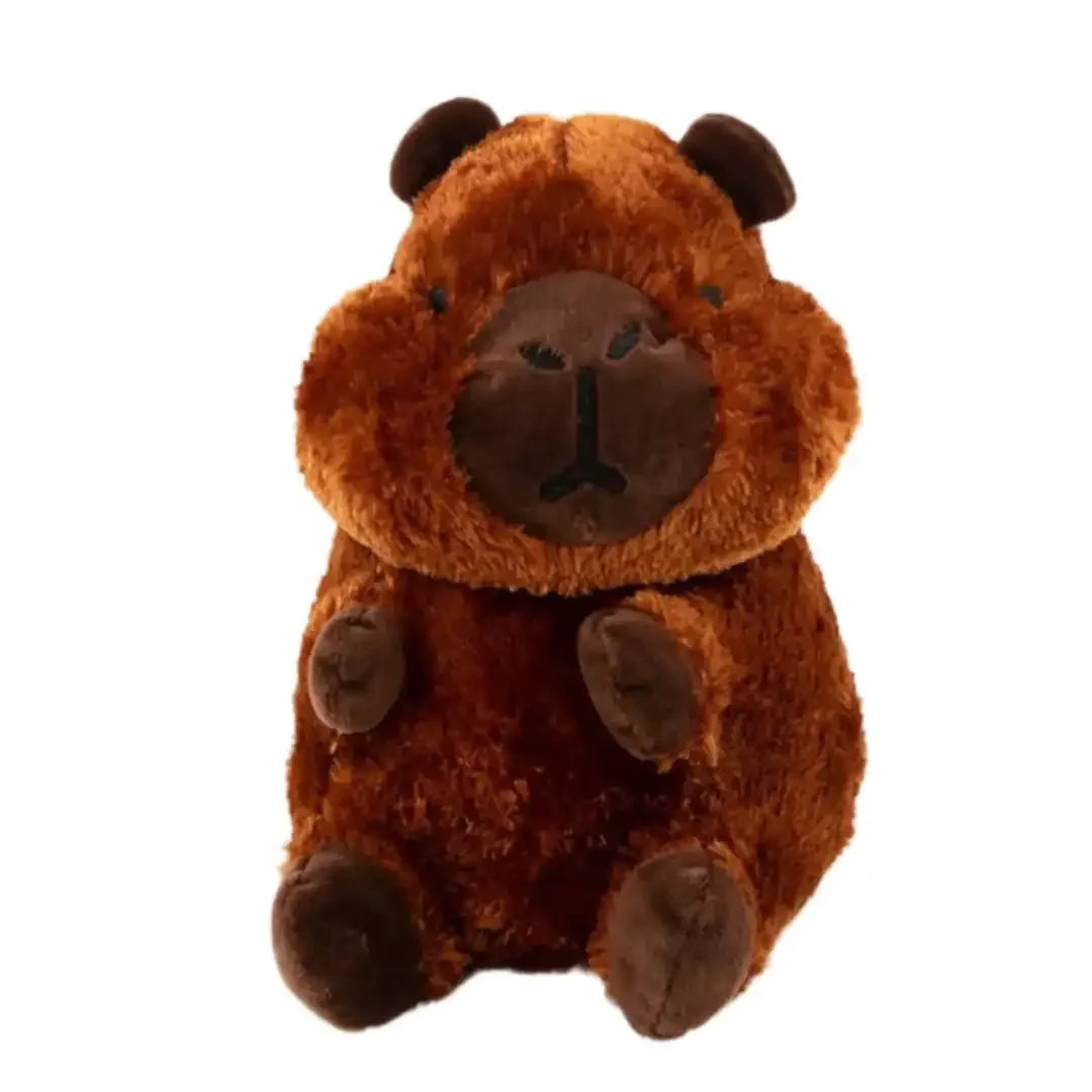 Brown teddy bear plush toy on a white surface with text indicating size and product code.