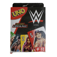WWE-themed UNO card game packaging on a granite surface