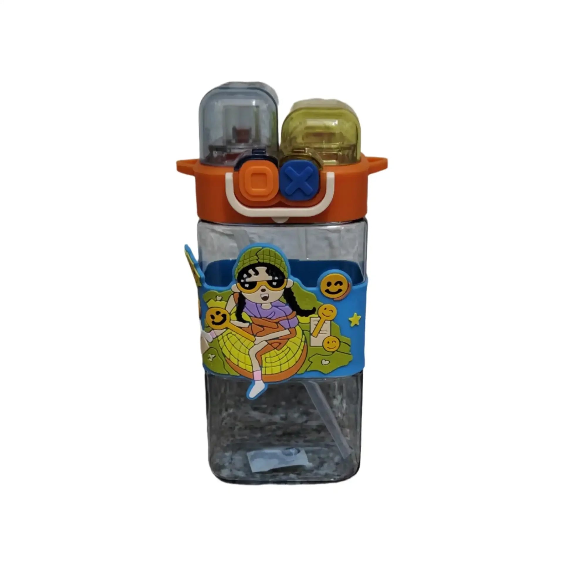 Clear water bottle with colorful lid and cartoon character label on a stone surface.