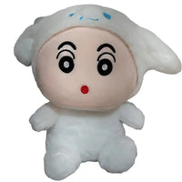 White plush toy with a cartoon face on a tiled floor