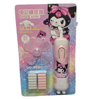 Children's electric rubber eraser with cartoon character packaging on a gray floor.