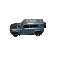 Model of a blue SUV on a gray surface with a white wall in the background