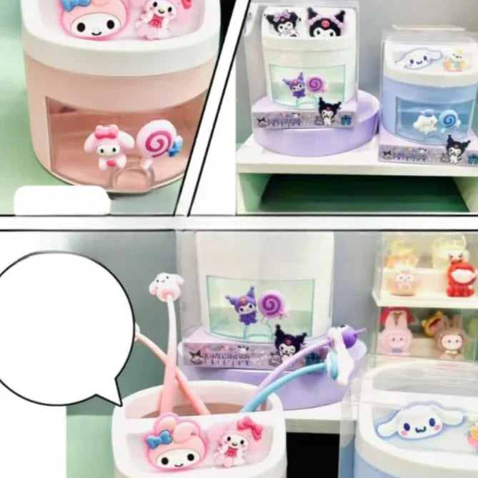 Collection of cartoon-themed containers and stationery items on a shelf.