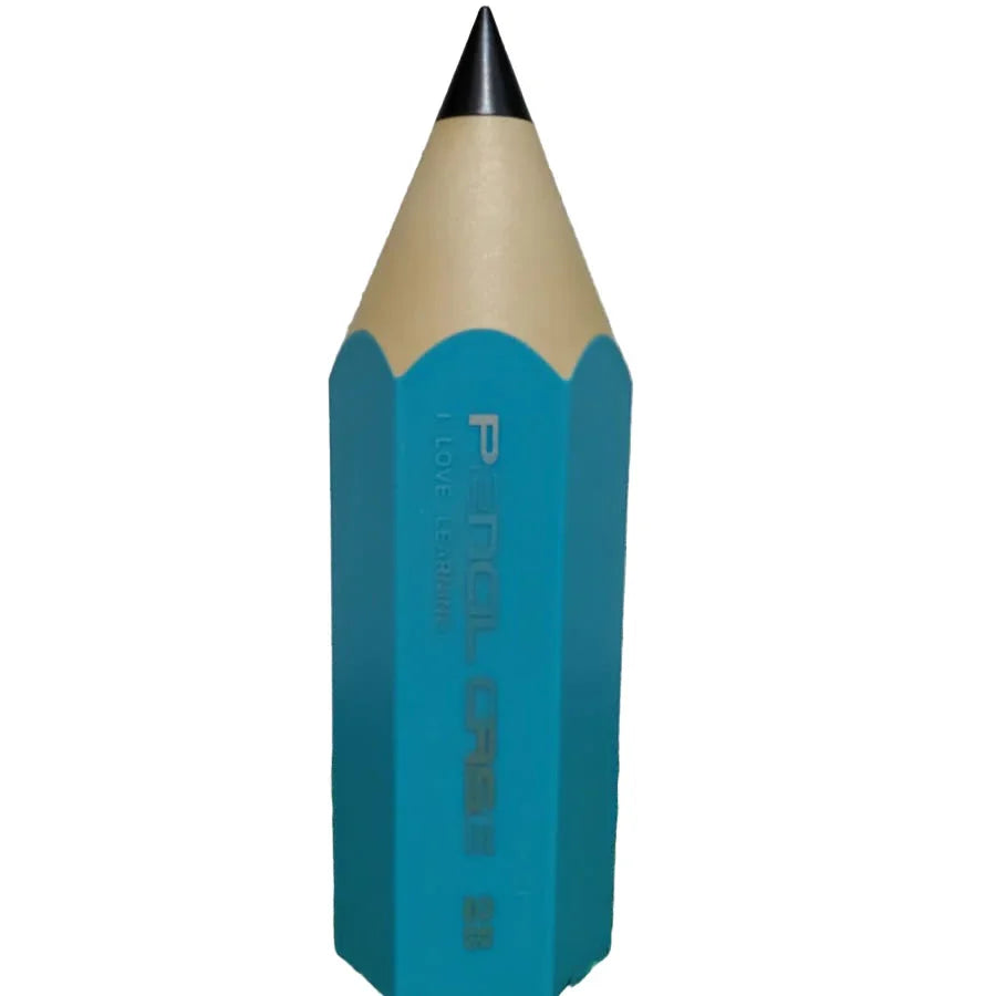 Pencil-shaped blue and beige object on grass with a light gray brick wall background