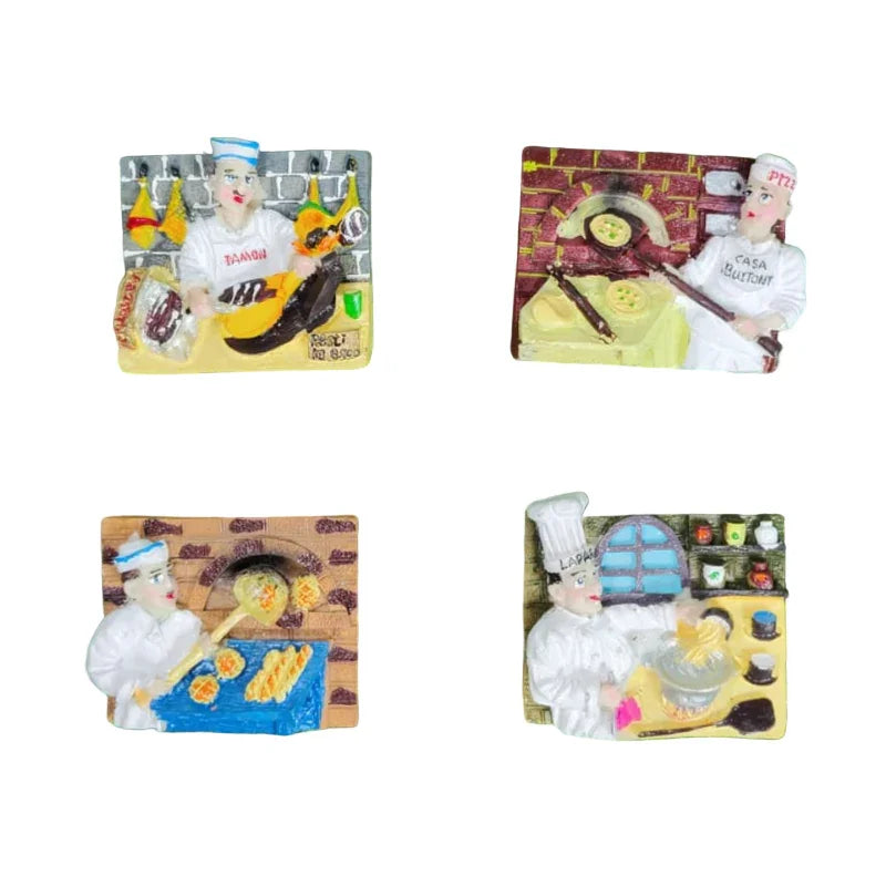 Four small rectangular boards with printed images of chefs and food on a grassy background