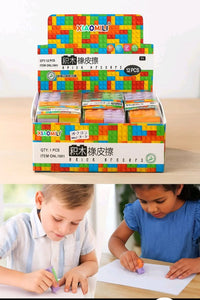 Children using colorful erasers with a display box of Xiaomi Li brand erasers in the background.