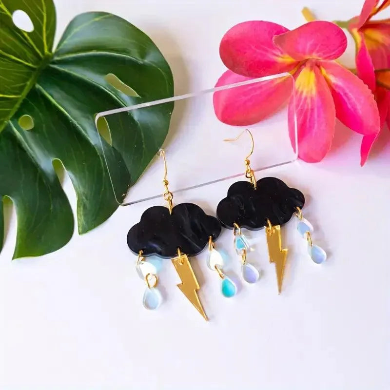 Acrylic Black Cloud Lightning Design Earrings - Bear Hugs