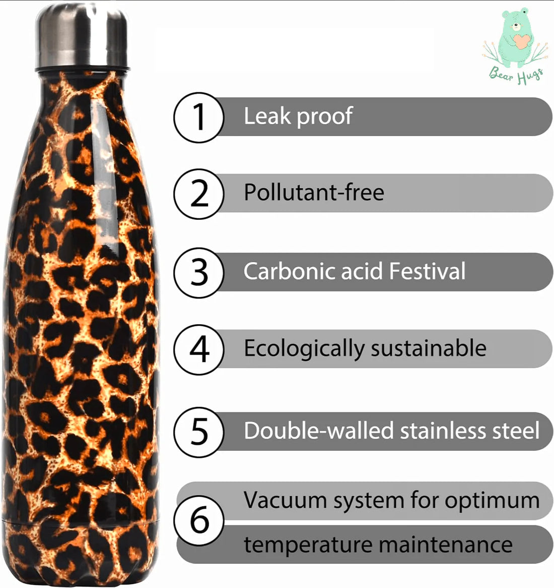 Animal Print Cola Metal Water Bottle (500 ml) - Bear Hugs