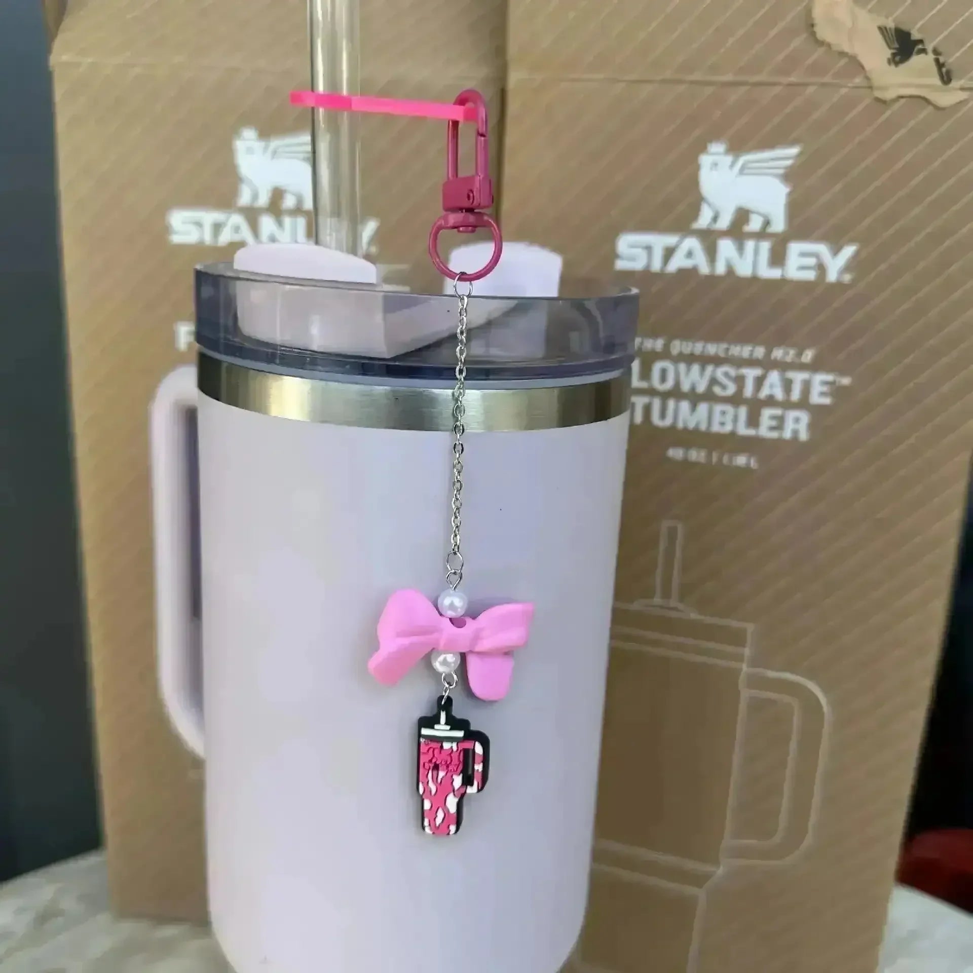 Bow-Shaped Stanley Straw Charm Pendant Keychain - Bear Hugs