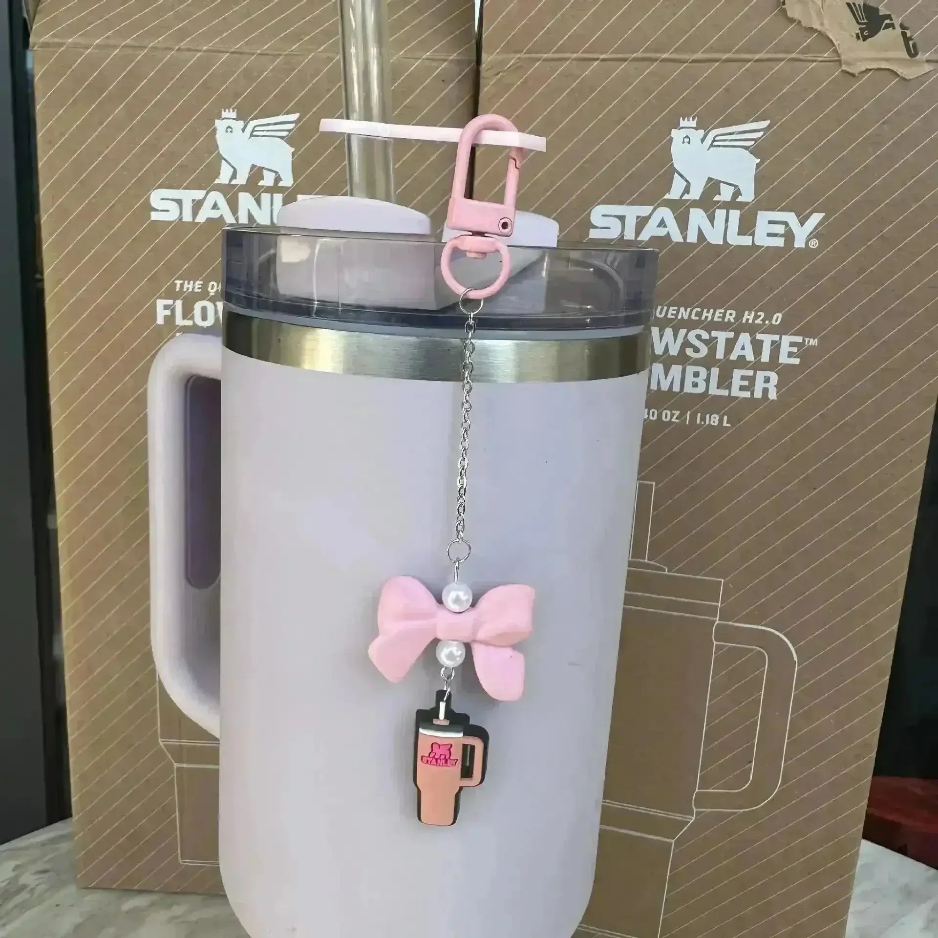 Bow-Shaped Stanley Straw Charm Pendant Keychain - Bear Hugs