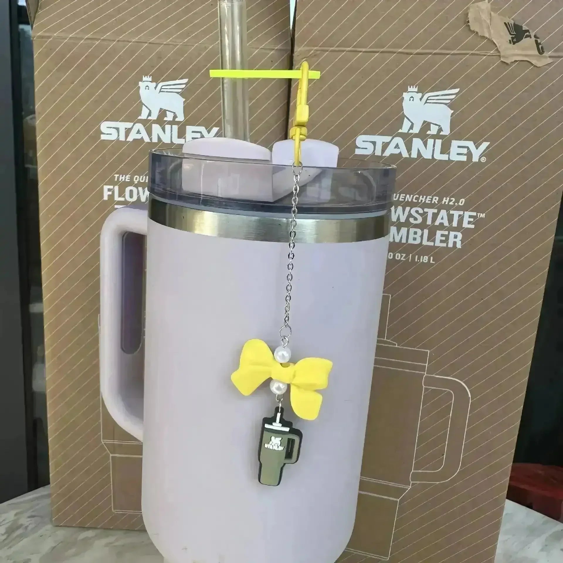 Bow-Shaped Stanley Straw Charm Pendant Keychain - Bear Hugs