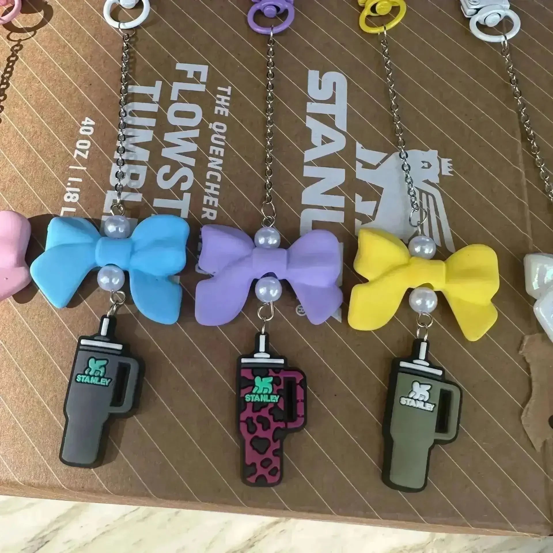 Bow-Shaped Stanley Straw Charm Pendant Keychain - Bear Hugs