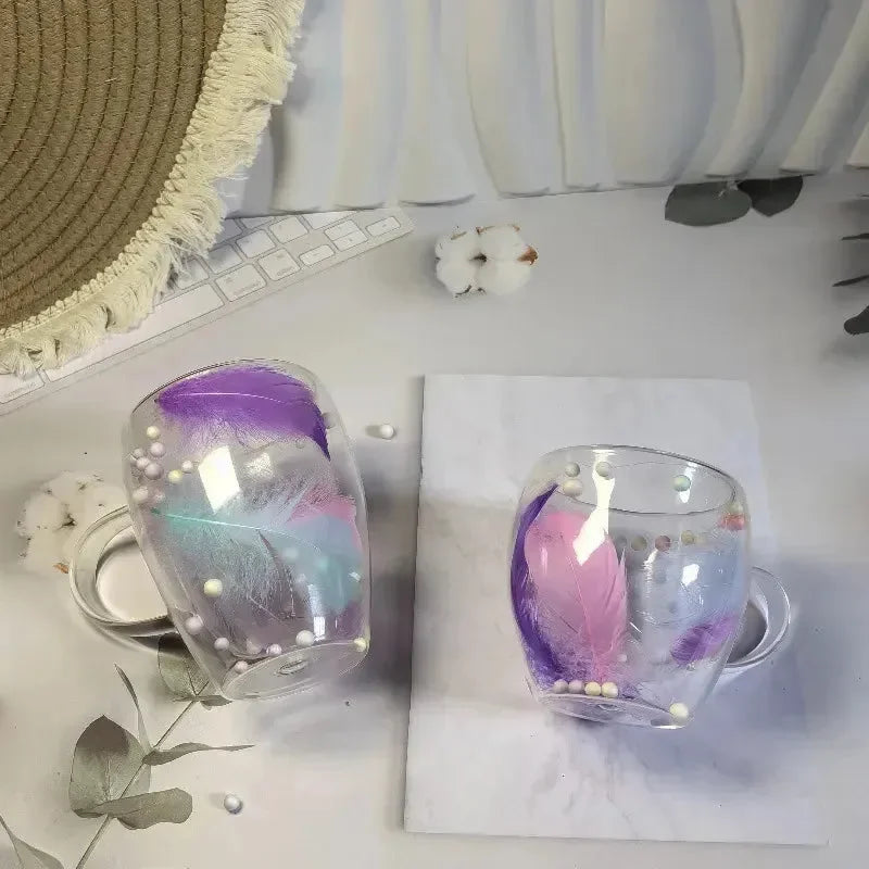 Creative Feather Embedded Glass Mugs - Bear Hugs