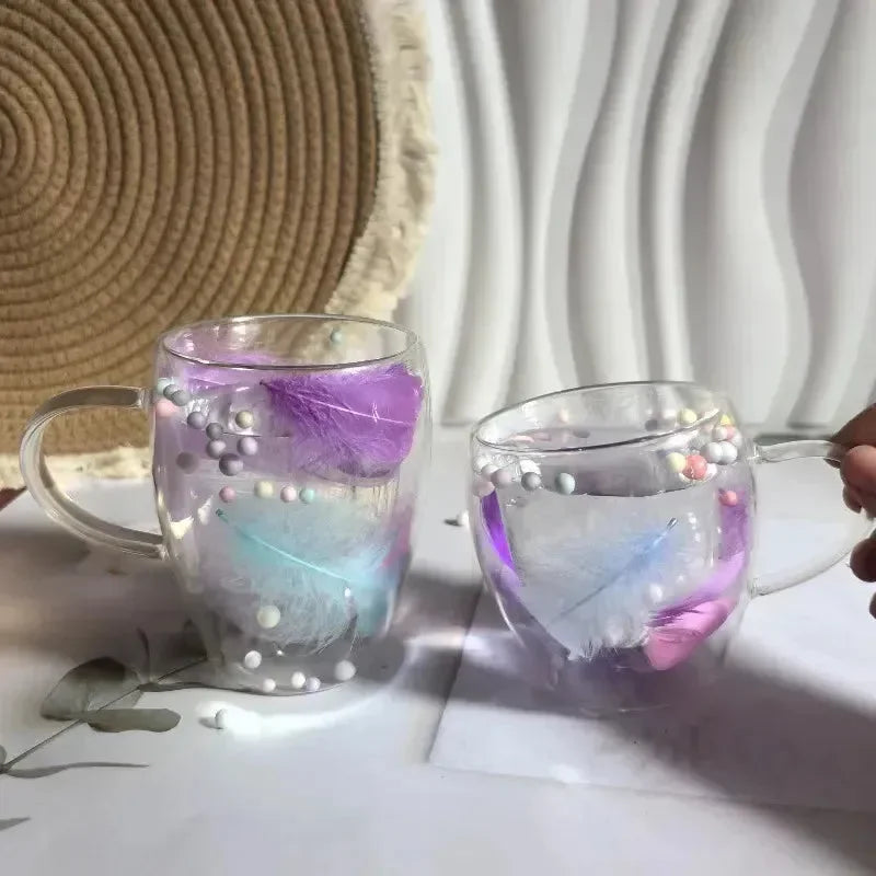 Creative Feather Embedded Glass Mugs - Bear Hugs