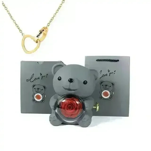 Eternal Rose Teddy Gift Box with Lovely Heart Pendant - Bear Hugs