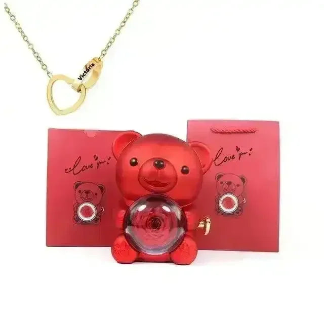 Eternal Rose Teddy Gift Box with Lovely Heart Pendant - Bear Hugs
