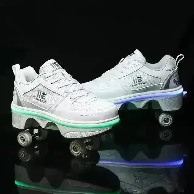 Flash LED Kick Speed Four-Wheel in Deformation Roller Skate Shoes