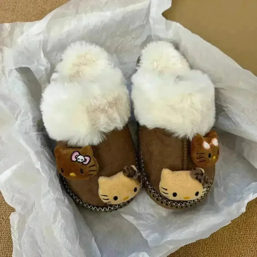 Hello Kitty Fuzzy Brown Winter Slippers - Bear Hugs