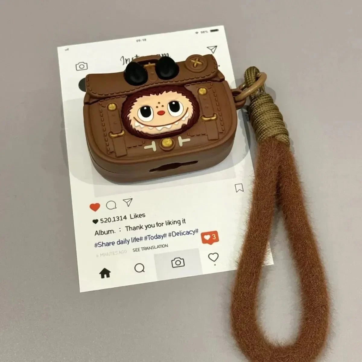 Labubu Brown Leather Case (For Airpods) - Bear Hugs