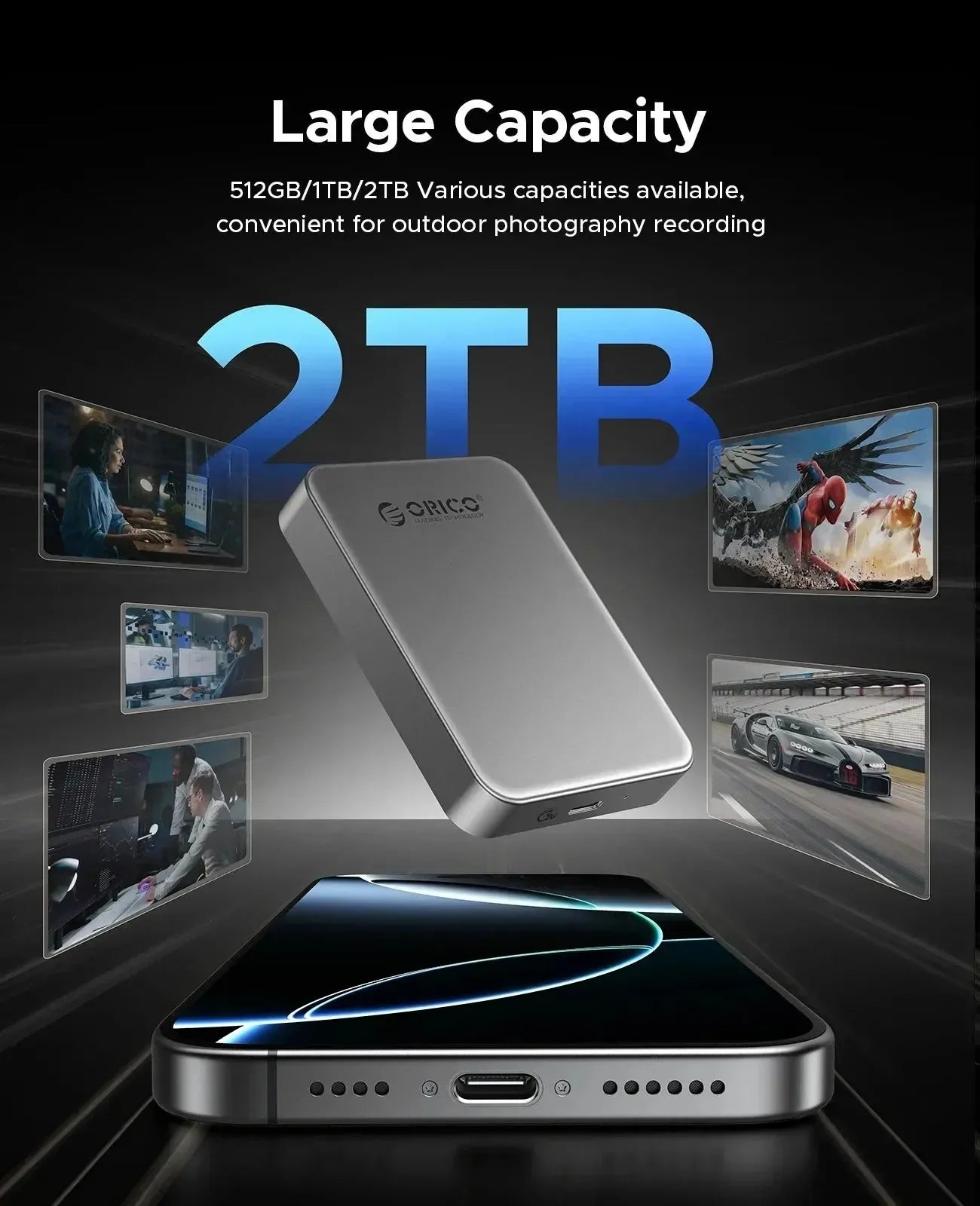 ORICO 5Gbps Portable Solid State Drive 480MB/s Magnetic External SSD for iPhone 16 15 Pro/Max ProRes 4K HDR Record and Store - Bear Hugs