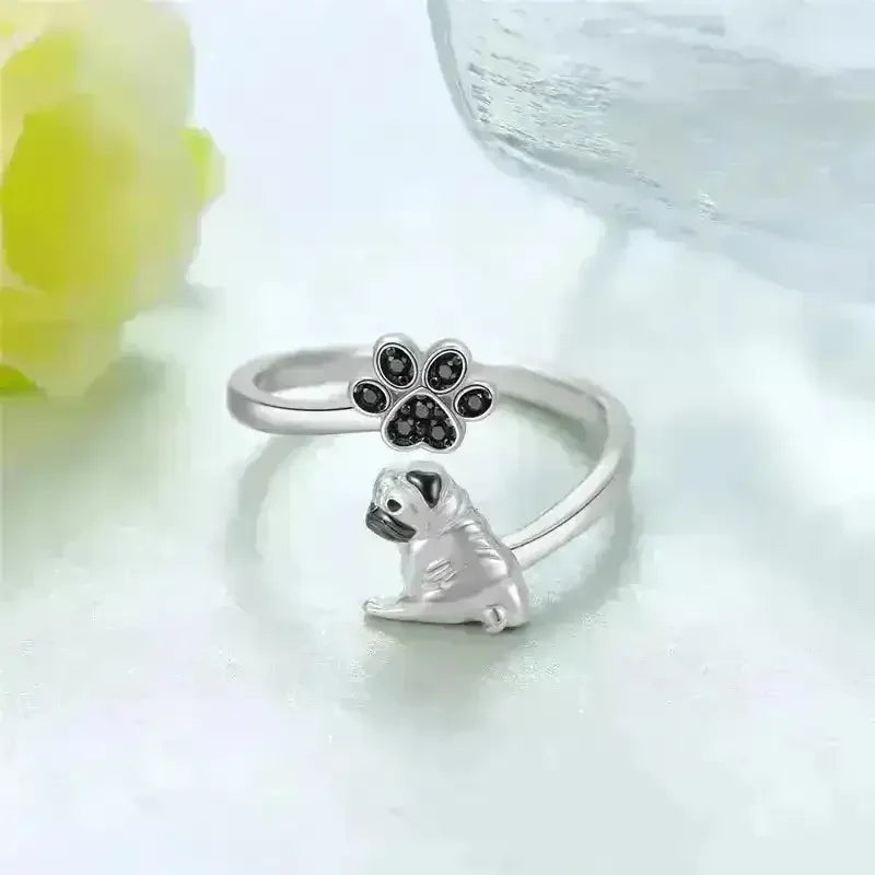 Pug Paw Rhinestone Adjustable Ring - Bear Hugs