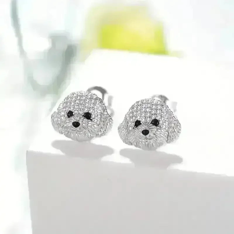 Rhinestone Maltese Dog Stud Earrings