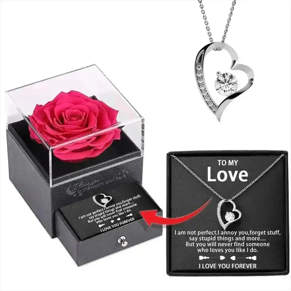 Timeless Rose Gift Box with Adorable Heart Pendant Necklace - Bear Hugs