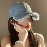Cute Denim Lace Bow Womens Cap - Bear Hugs