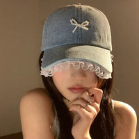 Cute Denim Lace Bow Womens Cap - Bear Hugs