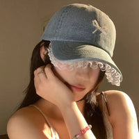 Cute Denim Lace Bow Womens Cap - Bear Hugs