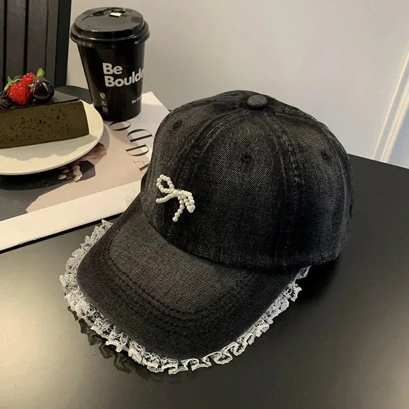Cute Denim Lace Bow Womens Cap - Bear Hugs