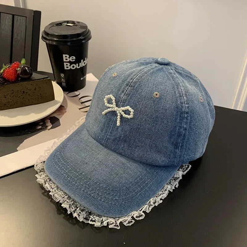 Cute Denim Lace Bow Womens Cap - Bear Hugs