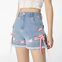 Denim Neko High Waisted Shorts - Bear Hugs