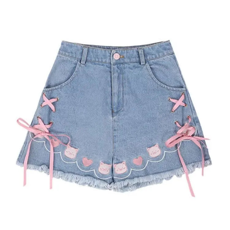Denim Neko High Waisted Shorts - Bear Hugs