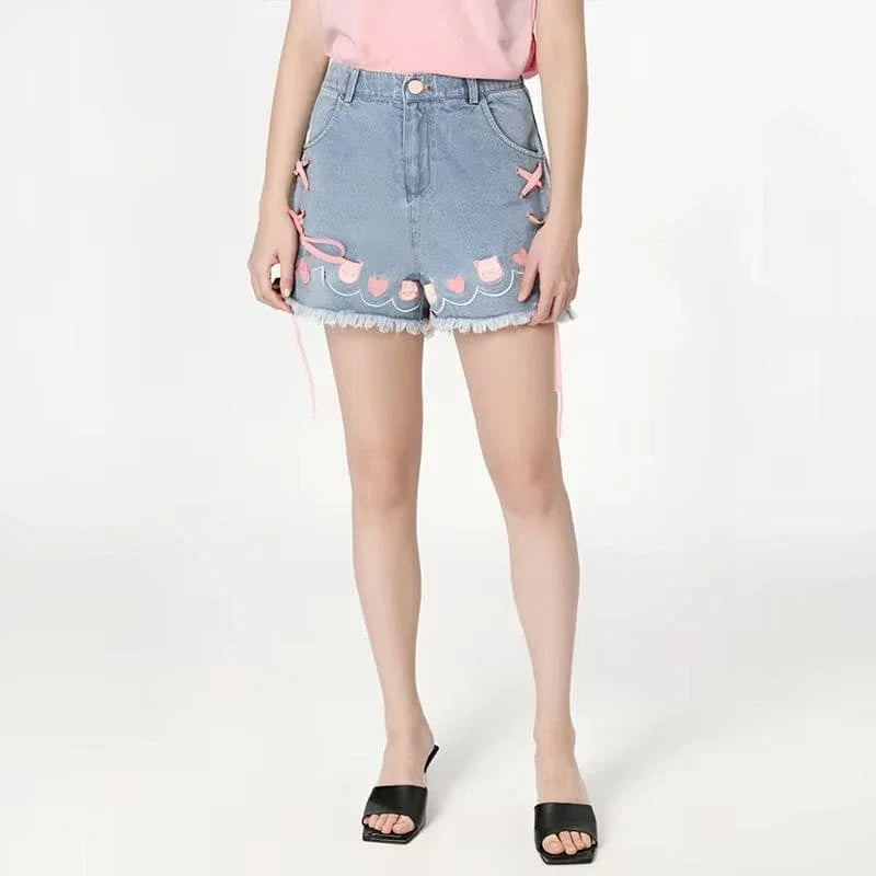 Denim Neko High Waisted Shorts - Bear Hugs