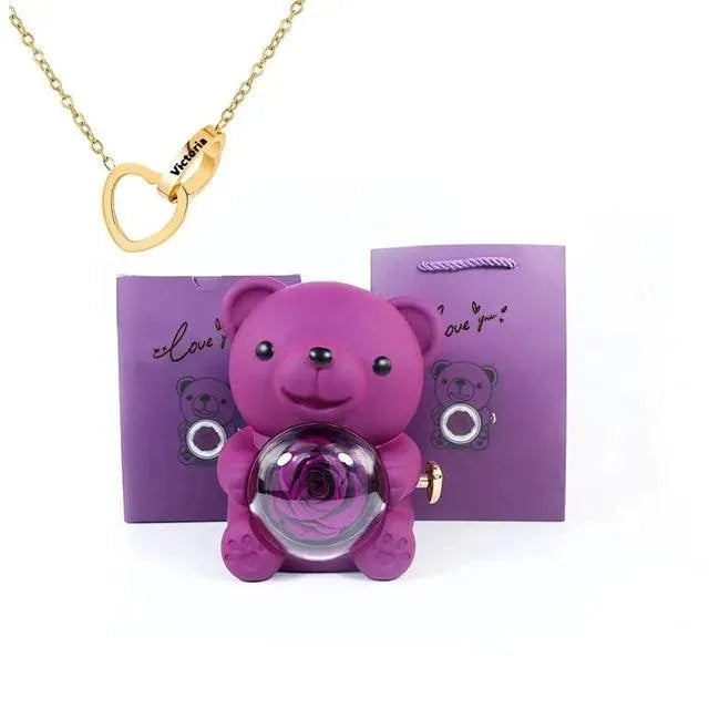 Eternal Rose Teddy Gift Box with Custom Gold Pendant - Bear Hugs