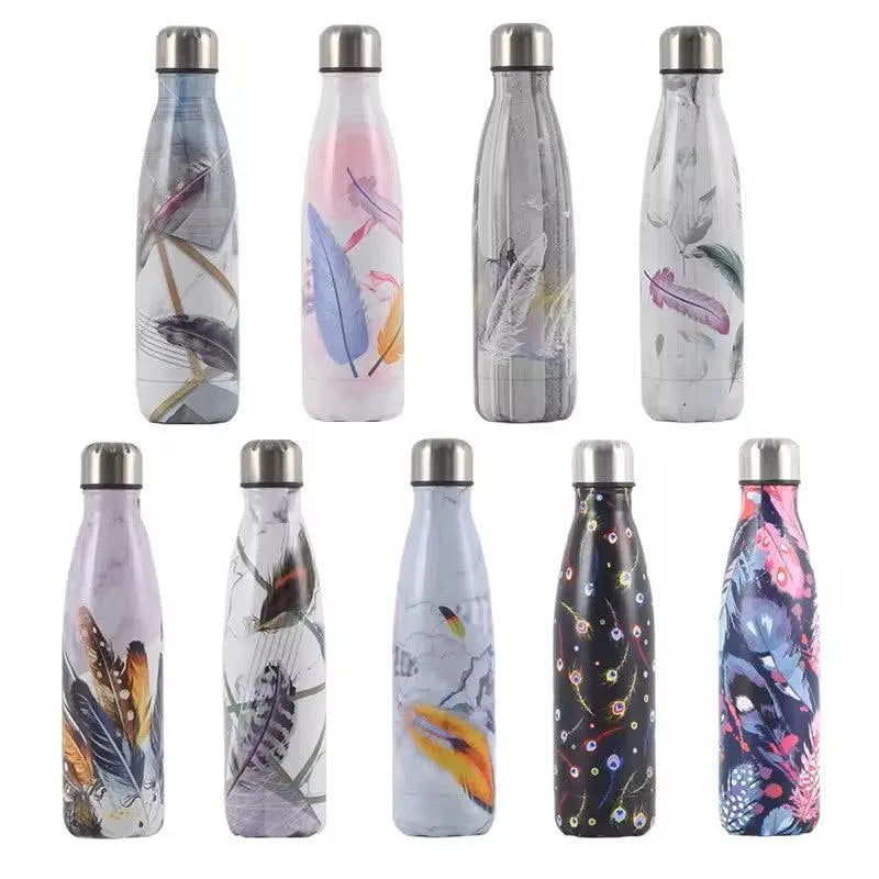 Feather Print Cola Metal Water Bottle (500 ml) - Bear Hugs