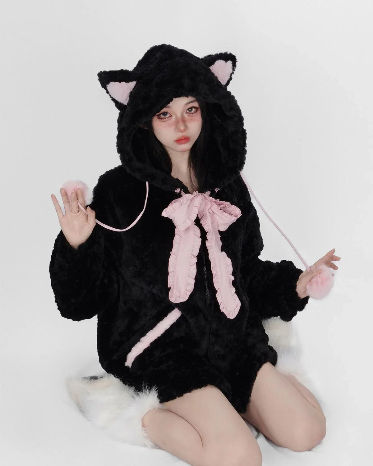 Fuzzy Neko Pompom Hooded Coat - Bear Hugs