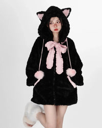 Fuzzy Neko Pompom Hooded Coat - Bear Hugs