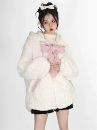 Fuzzy Neko Pompom Hooded Coat - Bear Hugs